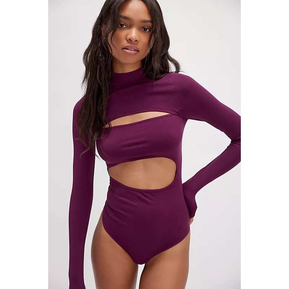 Free People Bodysuit Womens M/L Cut It Out Purple Long Sleeve Knit